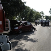 Truck crash into a small car and smashed it from the back